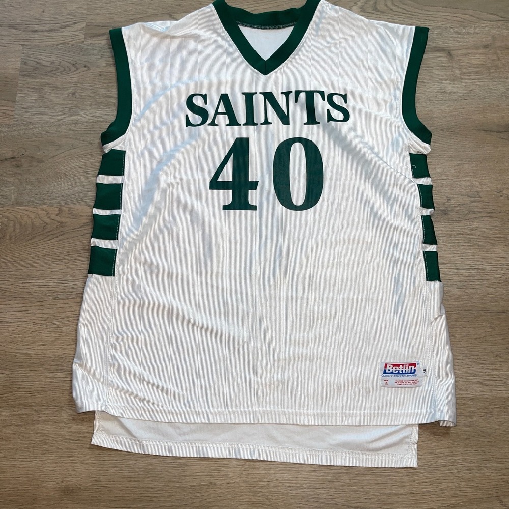 Vintage Betlin Basketball Jersey Mens 46 Saints 40 White Green USA Made Flaw